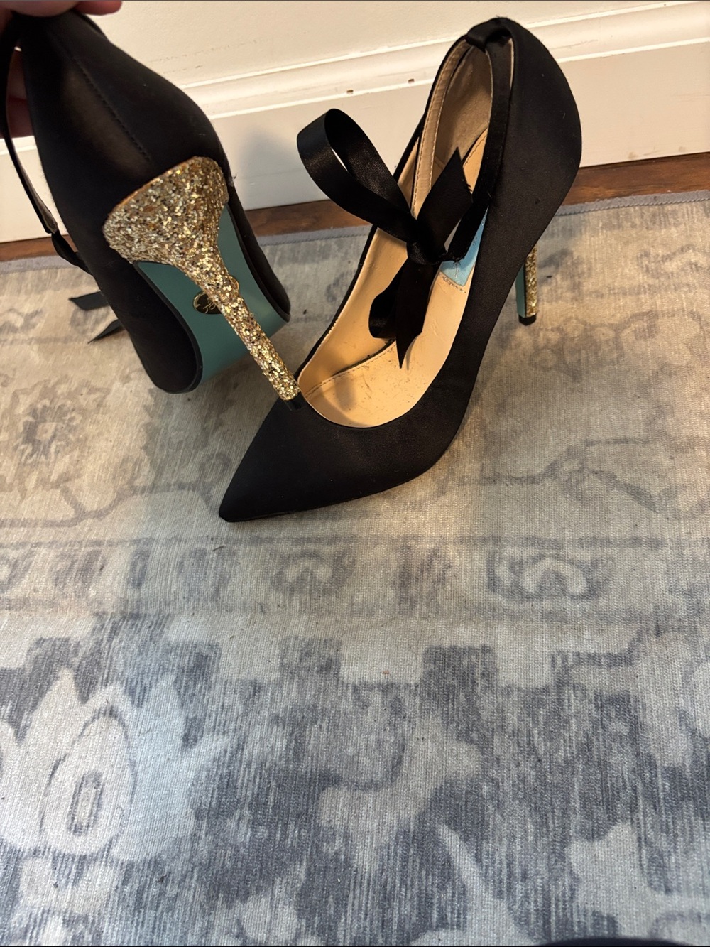 Betsey Johnson Black Satin Pointed Pumps with Gold Glitter Heel and Ribbon Tie